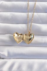 316L Çelik Zincir Gold Renk Zirkon Taşlı Göz Figürlü İçi Açılabilir Kalp Model Kolye