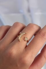 Pirinç Gold Renk Zirkon Taşlı Ay Yıldız Model Ayarlamalı Yüzük