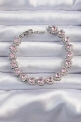 Pirinç Vip Seri Gümüş Renk Pembe Zirkon Taşlı Kalp Model Bileklik