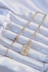 316L Çelik Zincir Altın Renk Zirkon Taşlı Çerçeveli Tarot Kolye