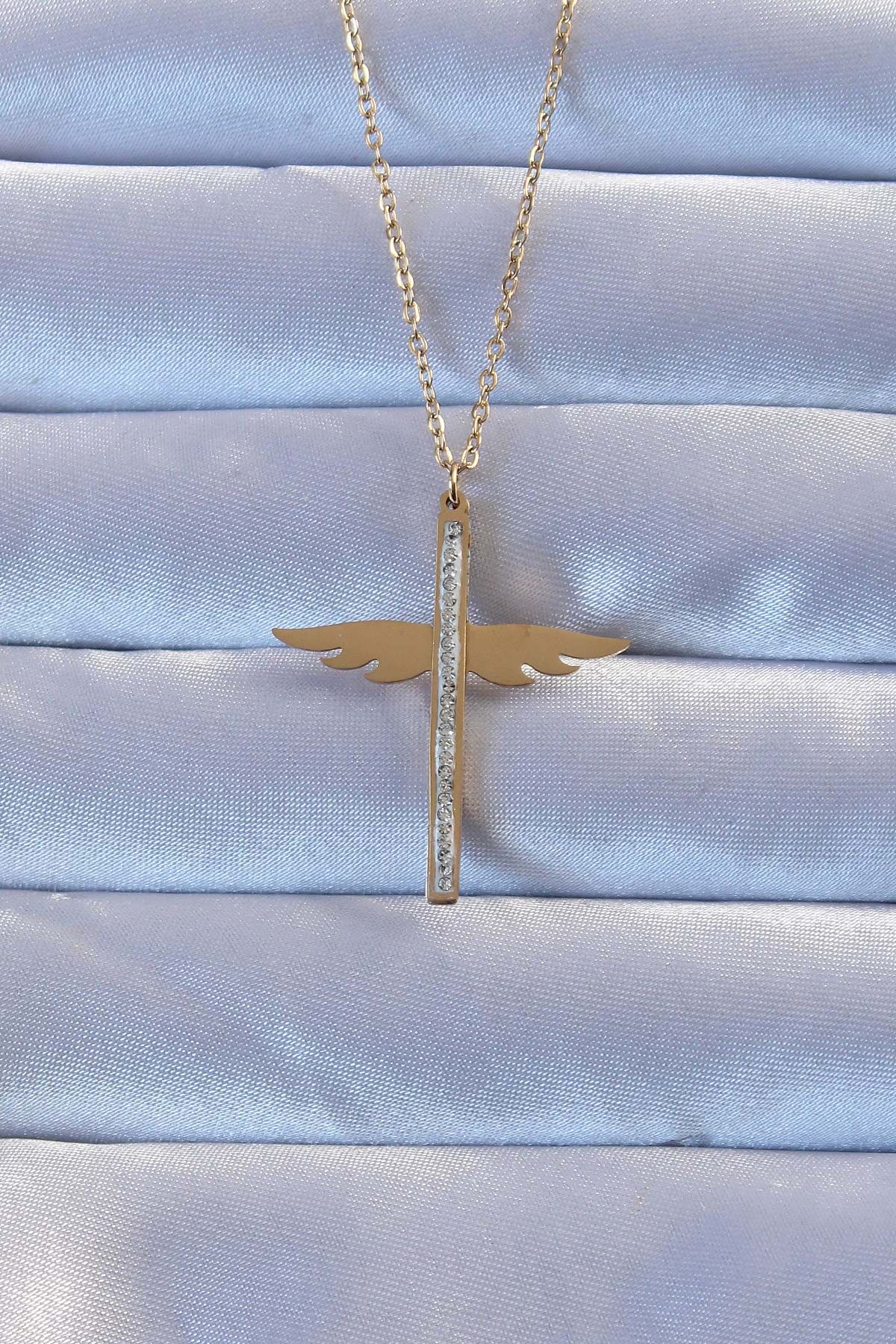 316L Çelik Altın Renk Zirkon Taşlı Mikail Kolye