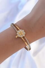 316L Çelik Altın Renk Zirkon Taşlı Sedefli Yonca Kelepçe