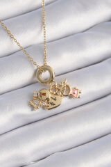 316L Çelik Gold Renk Zirkon Taş Detay Çocuk Figür Charm Model Kadın Kolye