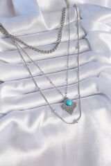 316L Çelik Gümüş Renk 3'lü Zincir Madalyon Model Kadın Kolye