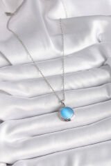 316L Çelik Gümüş Renk Mavi Sedefli Daire Model Kadın Kolye