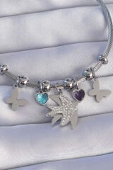 316L Çelik Gümüş Renk Zirkon Taşlı Kuş Tasarımlı Kelebek Detay Charm Bileklik