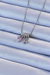 316L Çelik Zincir Gümüş Renk Zirkon Taşlı Charm Model Kolye