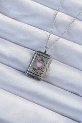 316L Çelik Zincir Eskitme Gümüş Renk Pembe Mineli Kalp Figürlü Tarot Kolye