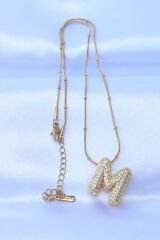 316L Çelik Zincirli Zirkon Taşlı M Harfli Gold Renk Bubble Kolye