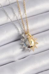 316L Çelik Gold Gümüş Renk Zirkon Taşlı Güneş Model İşleme Yazı Detay Arkadaşlık Kolyesi