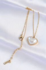 316L Çelik Zincir Gold Renk Beyaz Taşlı Bubble Kalp Kolye