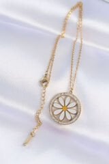 316L Çelik Zincir Gold Renk Oval Zirkon Taşlı İçi Papatya Kolye