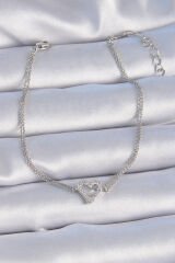 Pirinç Gümüş Renk Zirkon Taşlı Kalp Model Kadın Bileklik