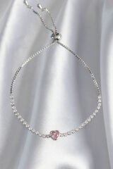 Pirinç Gümüş Renk Pembe Zirkon Taşlı Charm Model Asansörlü Bileklik