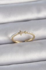 Pirinç Gold Renk Zirkon Taşlı Yıldız Sıralı İncili Ayarlanabilir Model Kadın Yüzük